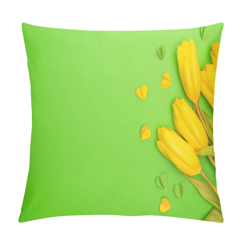 Personality  Top View Of Yellow Tulips And Decorative Hearts On Green, Spring Concept Pillow Covers