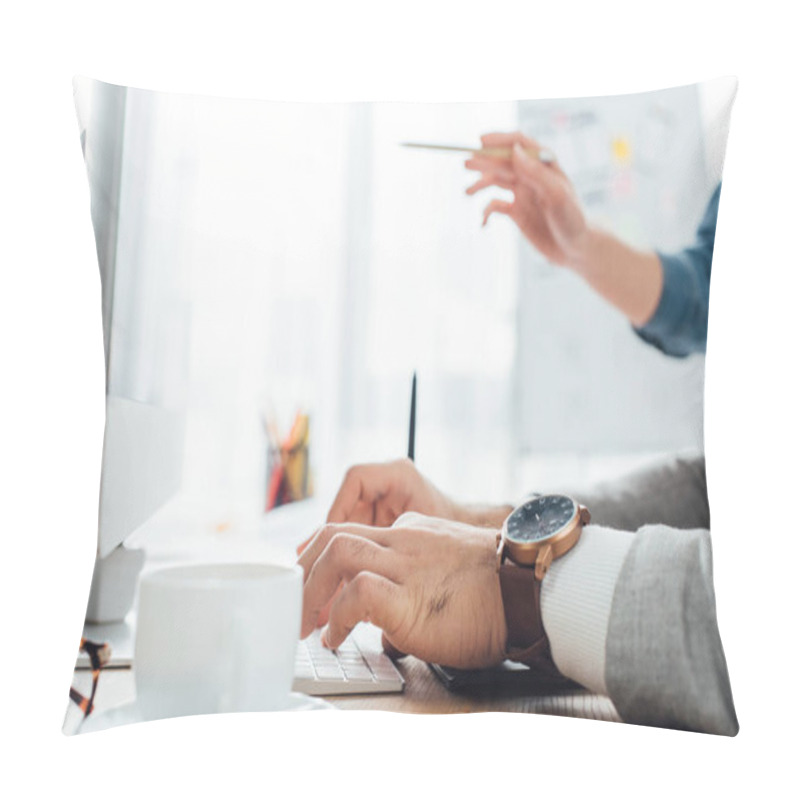 Personality  Cropped View Of Ux Designers Using Computer While Working At Table In Office  Pillow Covers