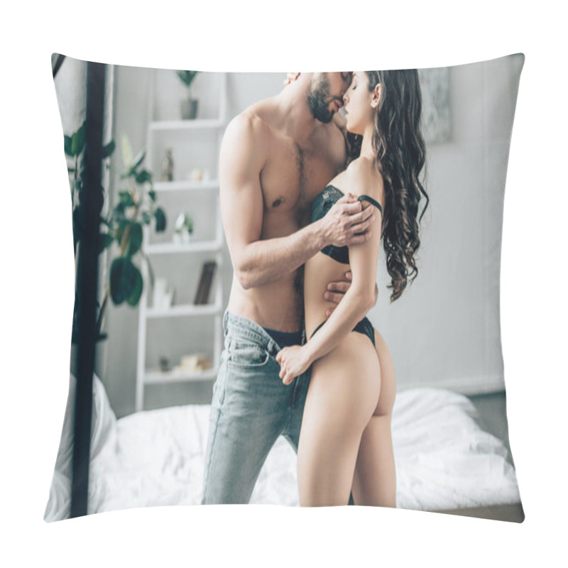 Personality  Shirtless Man And Brunette Woman In Lace Underwear Standing And Kissing In Bedroom  Pillow Covers