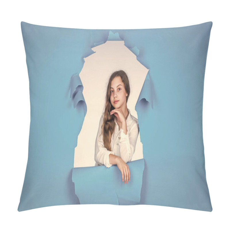 Personality  Ambitious And Beautiful. Beautiful Teen Girl With Long Curly Hair. Kid Fashion Style. Female Natural Beauty. Happy Childhood. Cute Child On Blue Background. Hairdresser Salon. Fashionable Look Pillow Covers