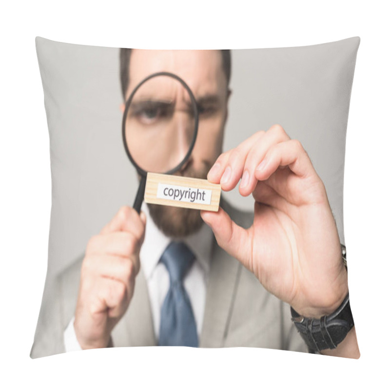 Personality  Selective Focus Of Businessman Looking At Wooden Block With Word Copyright Through Magnifier Isolated On Grey Pillow Covers