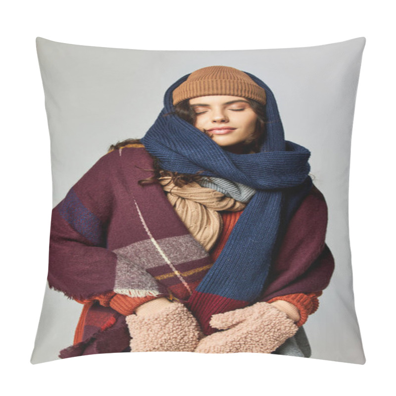 Personality  Winter Style, Young Woman In Layered Clothing, Knitted Hat And Scarfs Posing On Grey Backdrop Pillow Covers