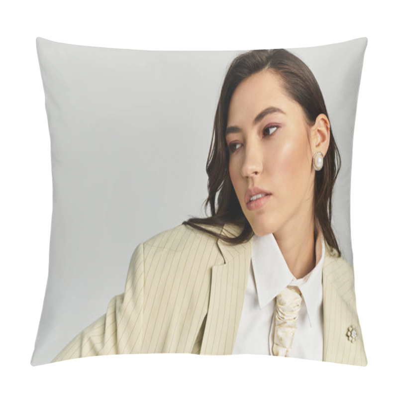 Personality  A Confident Young Woman Poses In A Chic, Neutral Outfit With Stylish Accessories. Pillow Covers