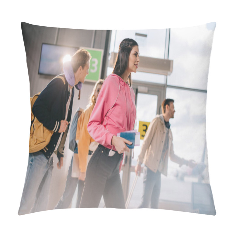 Personality  Young People Holding Documents And Luggage In Airport Terminal Pillow Covers