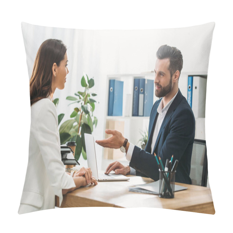 Personality  Handsome Advisor In Suit Talking With Beautiful Investor At Office  Pillow Covers