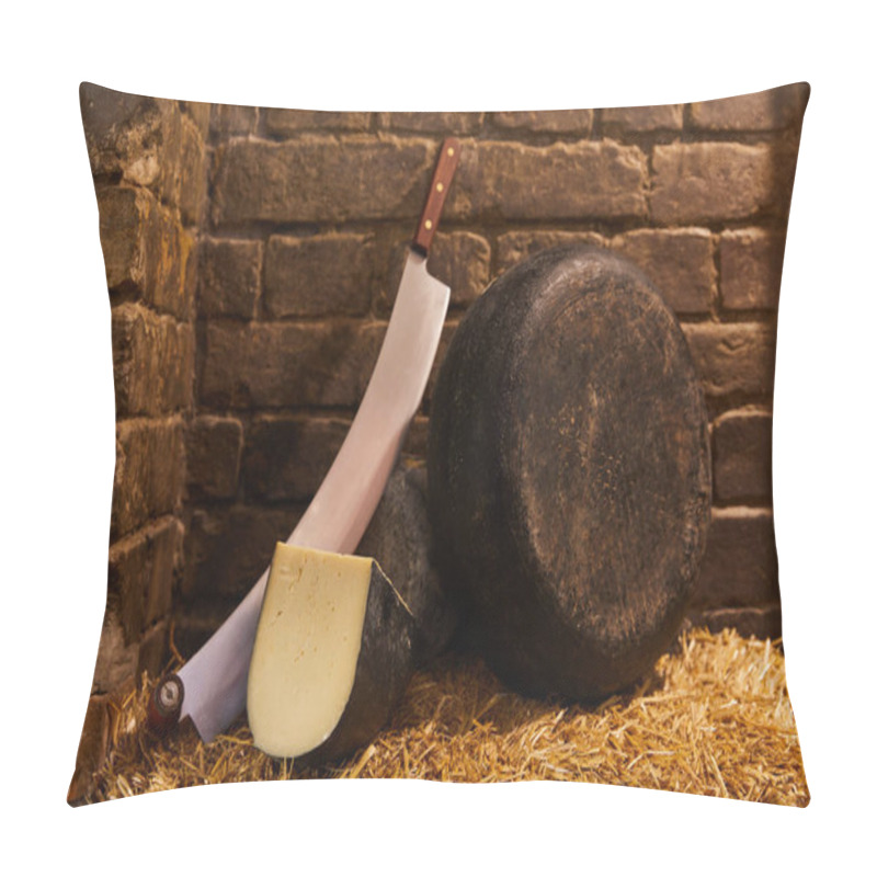 Personality  Hard Cheese Head With Double Handled Cheese Knife On Straw In Front Of Brick Wall Pillow Covers