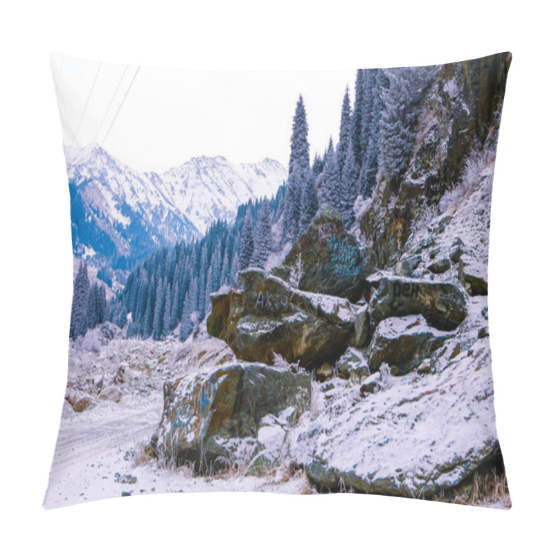 Personality  The First Snow In The Misty Mountains With Tall Fir Trees Pillow Covers