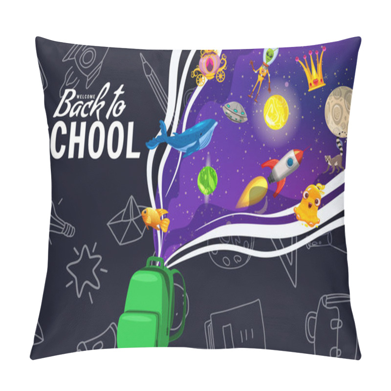 Personality  Back To School Poster Backpack, Space Imagination, Creative Concept. Template For Invitation, Poster, Banner, Promotion. Vector Illustration Cartoon Style Pillow Covers