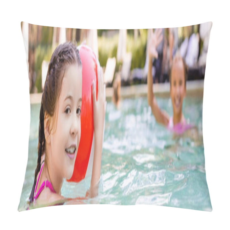 Personality  Selective Focus Of Girl Holding Inflatable Ball Near Friend Waving Hand In Swimming Pool, Panoramic Concept Pillow Covers