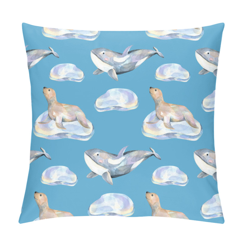 Personality  Watercolor Fur Seals On Ice Floes And Whales Seamless Pattern, Hand Painted On A Blue Background Pillow Covers