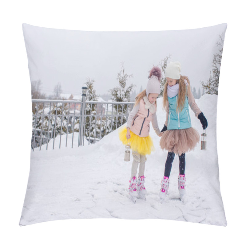 Personality  Adorable Girls Skating On Ice Rink Outdoors In Winter Snow Day Pillow Covers