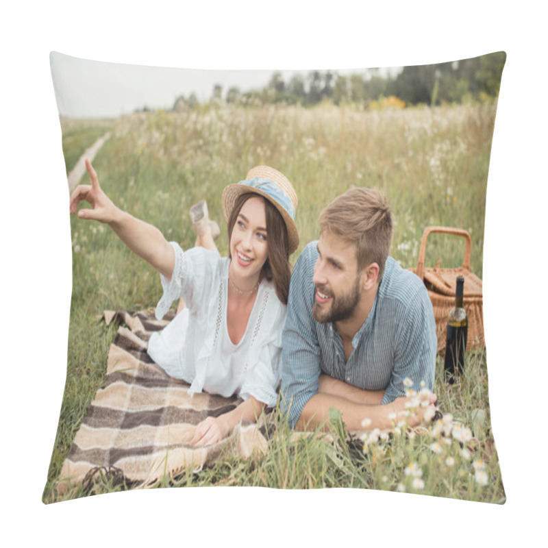 Personality  Smiling Woman Showing Something To Boyfriend While Resting On Blanket Together In Summer Field Pillow Covers