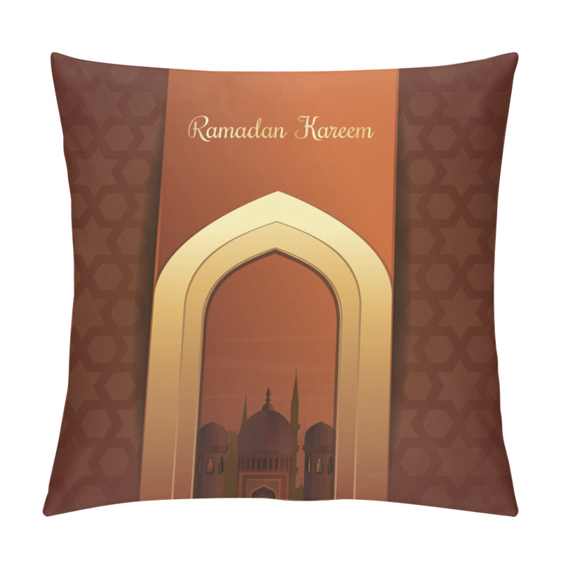 Personality  Greeting Card For The Holy Month Of Ramadan. Mosques Silhouette On Sunset Sky Background. Gold Inscription - Ramadan Kareem. Vector Illustration Pillow Covers