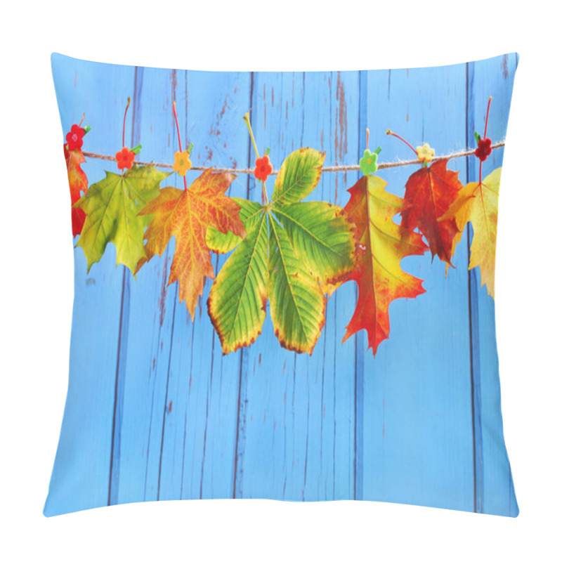 Personality  Autumn Leaves Hanging On A Rope Against Blue Wooden Background Pillow Covers