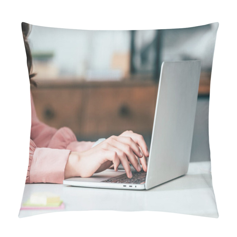 Personality  Cropped View Of Girl In Pink Shirt Typing On Laptop Keyboard Pillow Covers