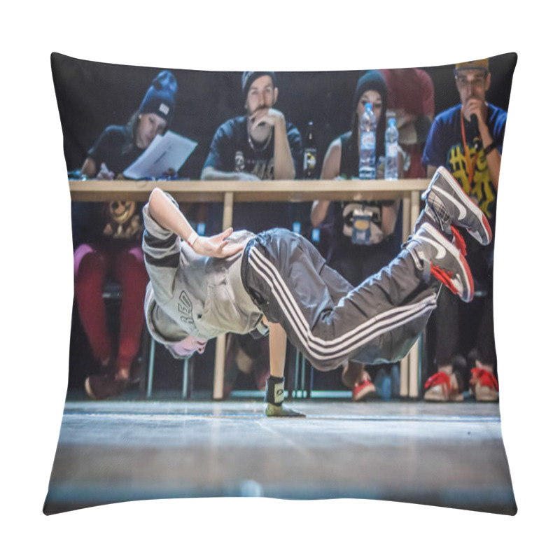 Personality  RUSSIA, YAROSLAVL - OCT. 2013: Breakdance Battle Competition Among Kids, Teenagers And Adults Hip-hop Bboys. Pillow Covers