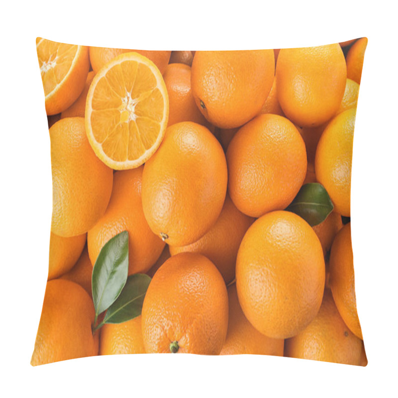 Personality  Pile Of Fresh Ripe Oranges With Leaves As Background, Top View Pillow Covers