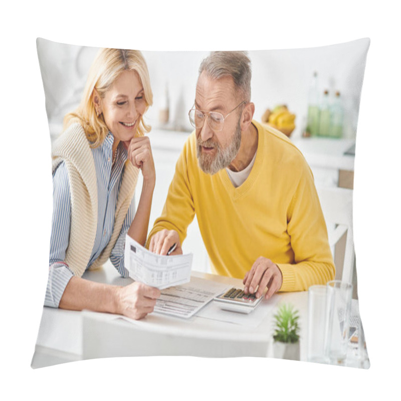 Personality  A Mature Man And Woman In Cozy Homewear Are Seated In The Kitchen, Engrossed In Reading The Newspaper Together. Pillow Covers