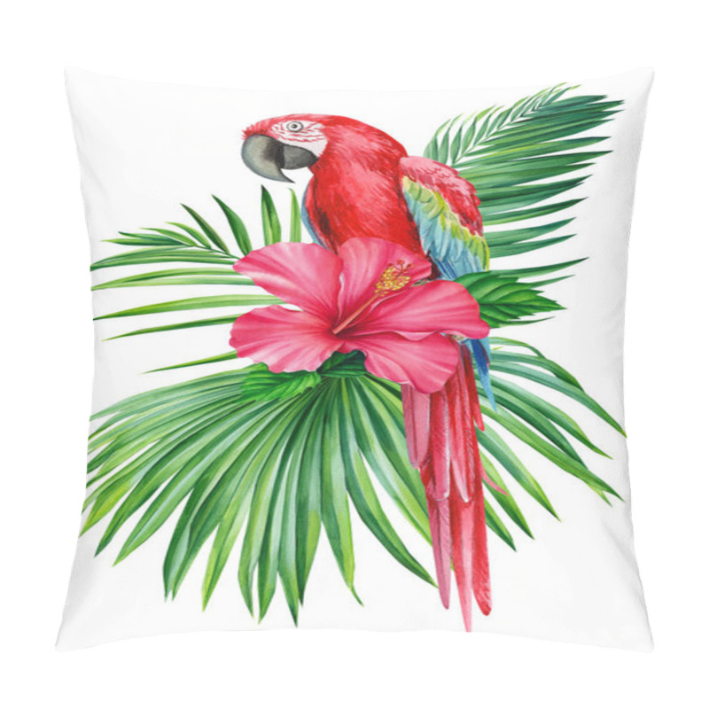 Personality  Watercolor Illustration With Red Macaw Parrot, Tropical Leaves, Hibiscus. Isolated On White Background Pillow Covers