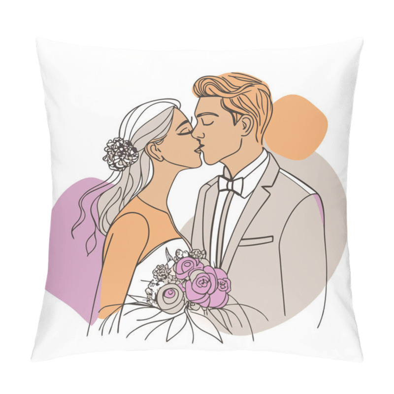 Personality  Cute Newlywed Couple In Love Floral Wedding Illustration In Flat Style Pillow Covers