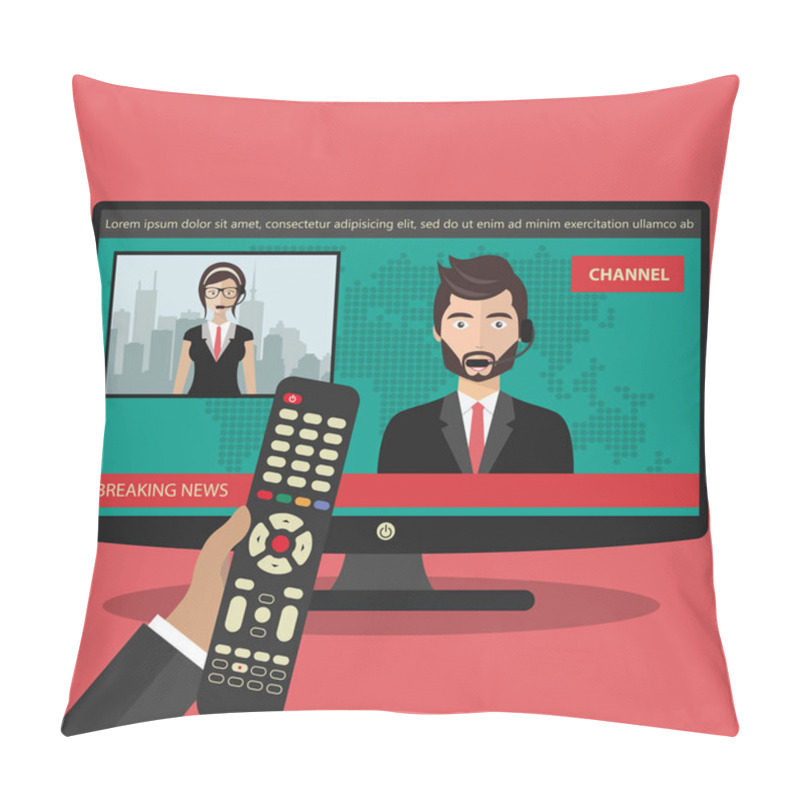 Personality  Breaking News Concept. News On Television With Remote Control. News Anchor Broadcasting The News With A Reporter Live On Screen. Flat Vector Illustration Pillow Covers