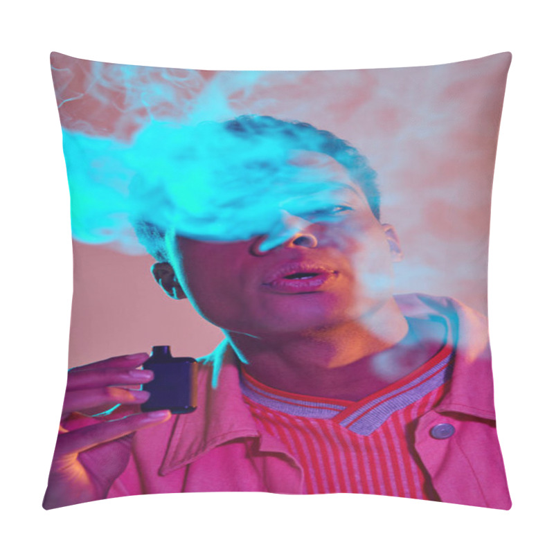 Personality  Portrait Of African American Guy Exhaling Smoke While Holding E Cigarette On Vibrant Background Pillow Covers