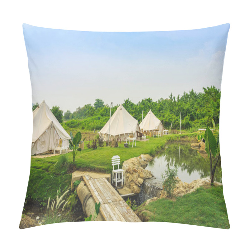 Personality  Holiday Tents And Lounge Areas On Green Lawn Place Among Trees At Natural Parkland. Camping Tent On Nature In Summer.Travel Background. Place For Picnic Outdoors. Recreation Area And Camp With Tent. Pillow Covers