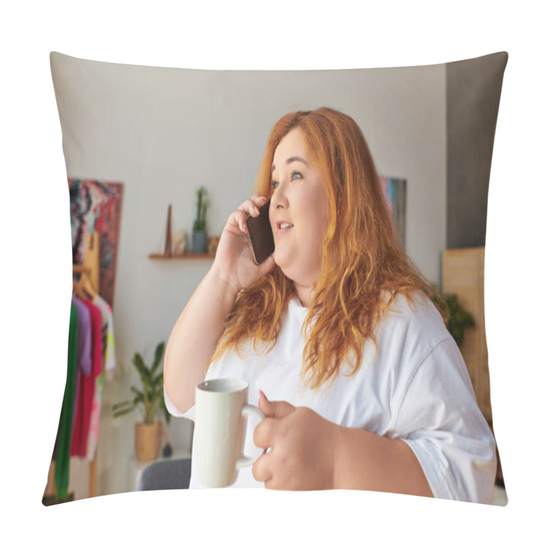 Personality  A Beautiful Plus Size Woman Talks On The Phone, Savoring Her Coffee In A Charming Space. Pillow Covers