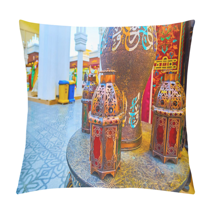 Personality  DUBAI, UAE - MARCH 5, 2020: Traditional Arabian Lights On The Carved Table In Morocco Pavilion Of Global Village Dubai, On March 5 In Dubai Pillow Covers