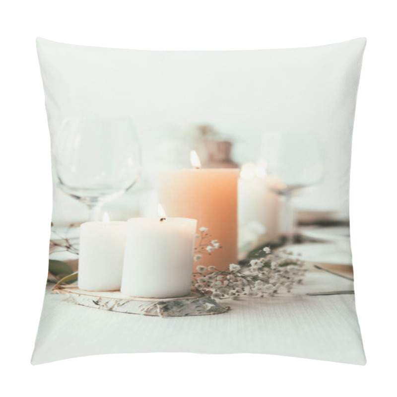 Personality  Close Up View Of Stylish Table Setting With Candles, Wineglasses And Flowers For Rustic Wedding Pillow Covers