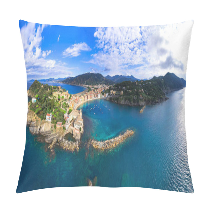 Personality  Liguria Region, Italy Travel. Beautiful Town Sestri Levante. Aerial Panoramic View Of Bay Of Silence And Beach Pillow Covers