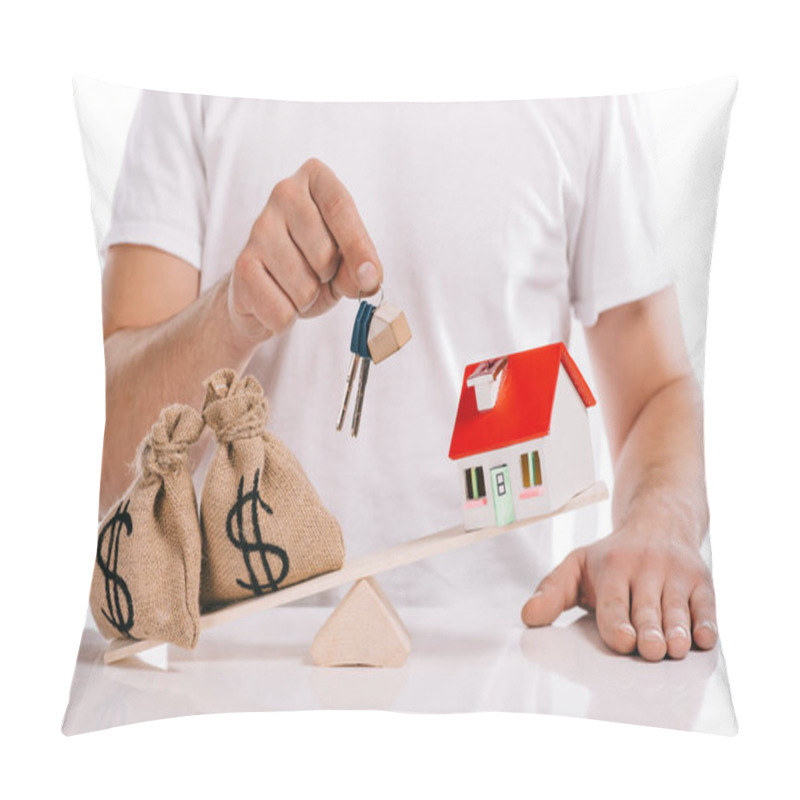 Personality  Partial View Of Man Holding Keys Near Moneybags And House Model On Scales Isolated On White, Mortgage Concept Pillow Covers