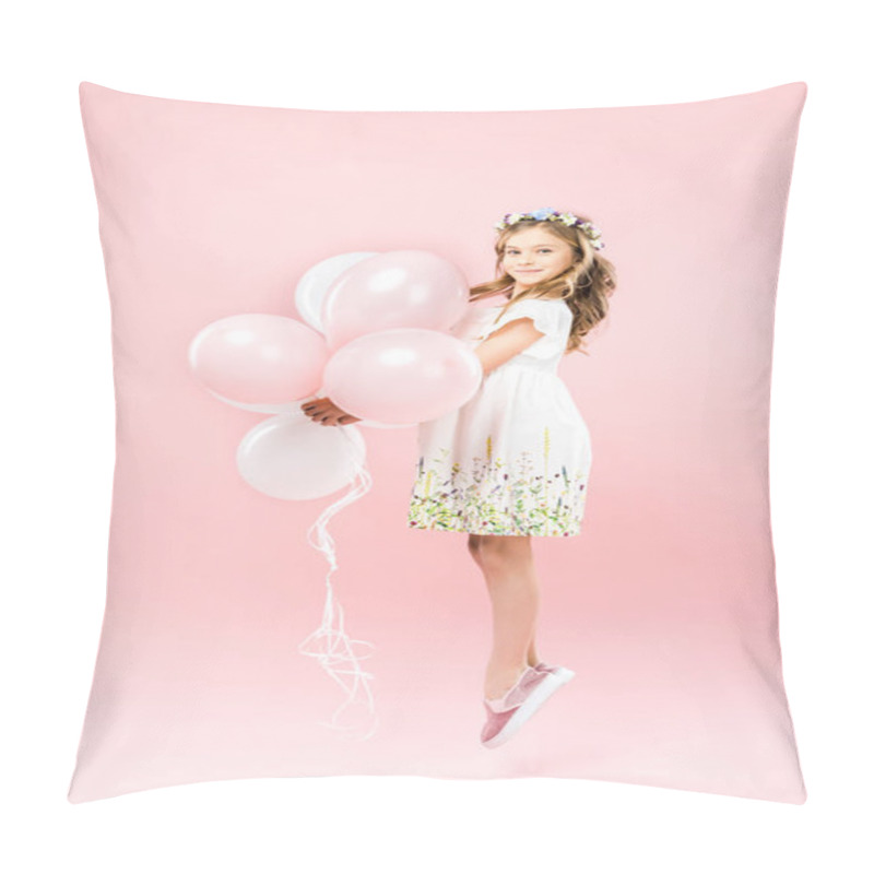 Personality  Cheerful Child In Delicate White Dress Jumping With Air Balloons On Pink Background Pillow Covers