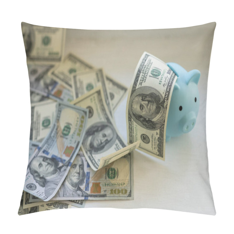 Personality  Business, Finance, Investment, Saving And Corruption Concept - Close Up Of Dollar Cash Money And Piggy Bank On Table. Pillow Covers