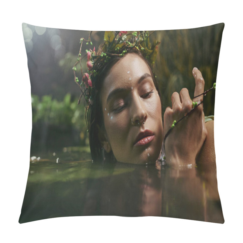 Personality  A Woman With A Flower Crown Rests In A Swamp, Her Eyes Closed In Contemplation. Pillow Covers