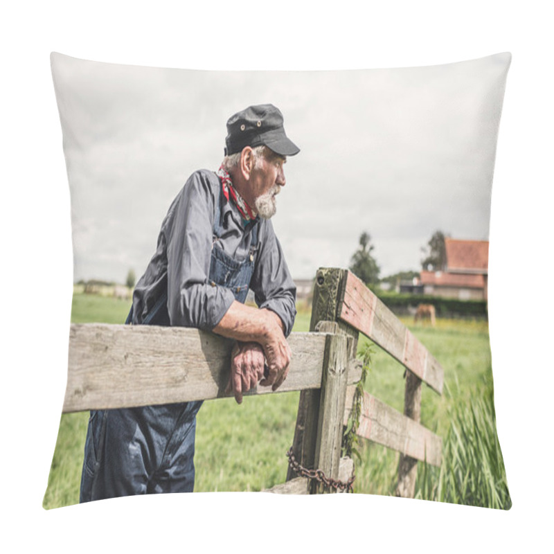 Personality  Elderly Farmer Leaning On Paddock Fence Pillow Covers