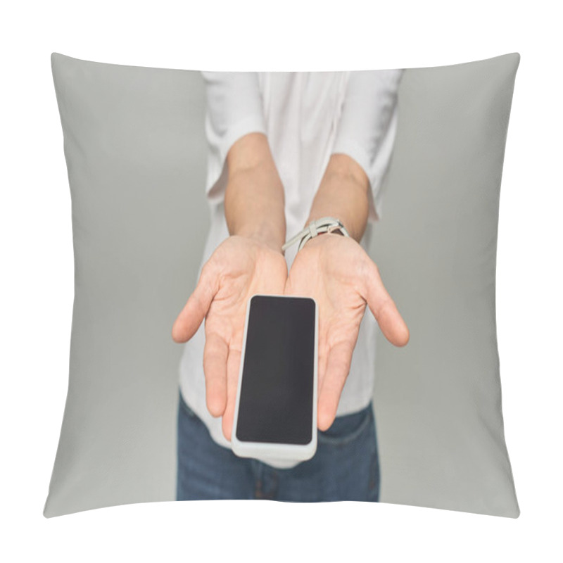 Personality  Cropped View Of Person Holding Mobile Phone With Blank Screen On Grey Backdrop, Smartphone In Hands Pillow Covers