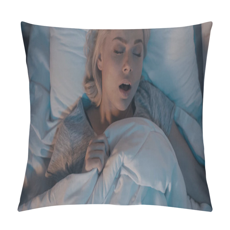 Personality  Top View Of Young Woman Snoring While Sleeping On Bed  Pillow Covers