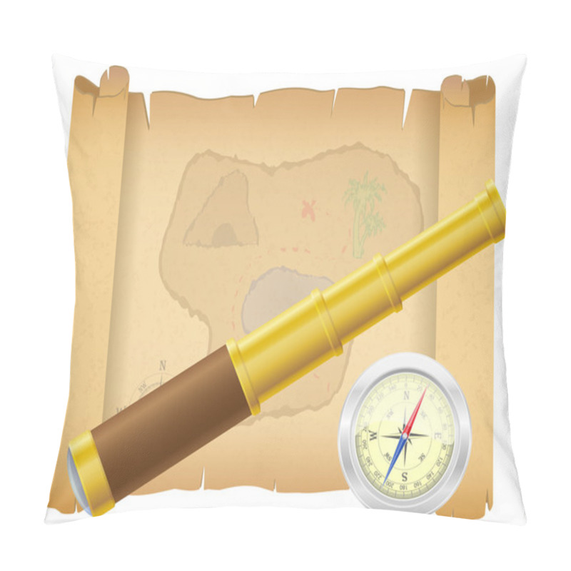 Personality  Pirate Treasure Map And Telescope With Compass Vector Illustrati Pillow Covers