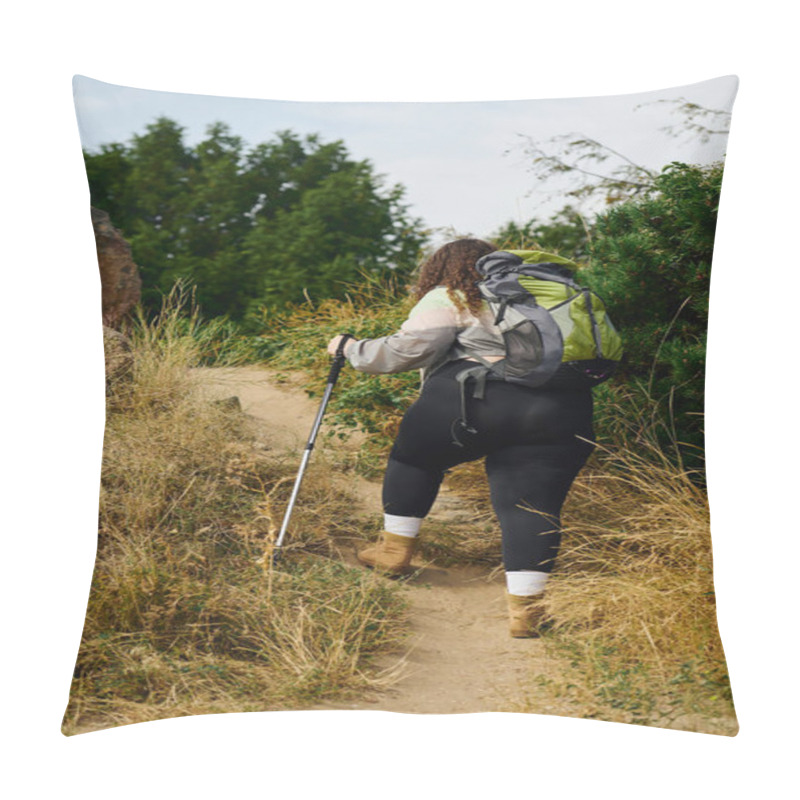 Personality  In A Sunlit Field, A Plus Size Woman Walks Along A Winding Trail Adorned With Nature Beauty. Pillow Covers