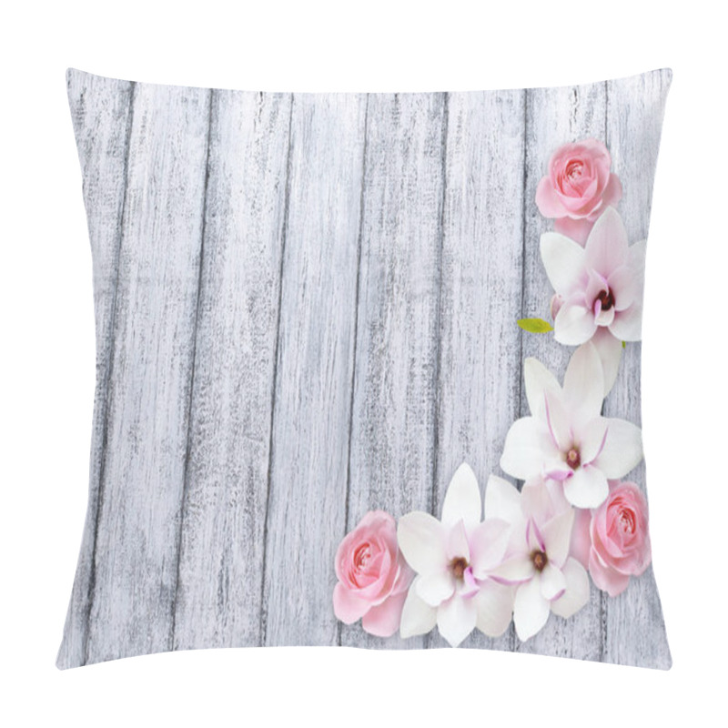 Personality  Magnolia With Roses On Background Of Shabby Wooden Planks  Pillow Covers