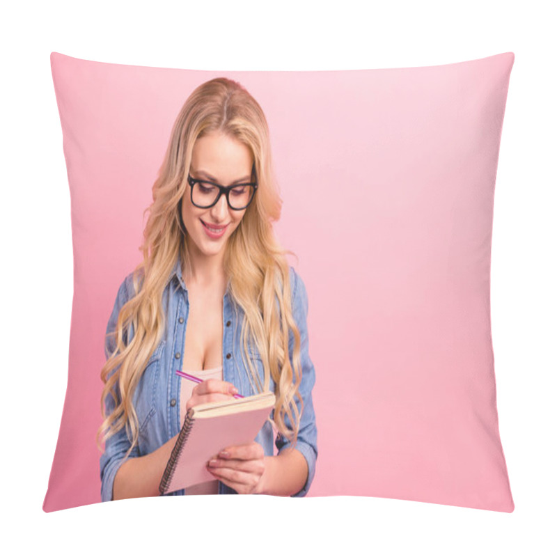 Personality  Pretty Lady Hold Organizer Hands Having Inspiration Noticing New Creative Thought Wear Denim Outfit Isolated Pink Background Pillow Covers