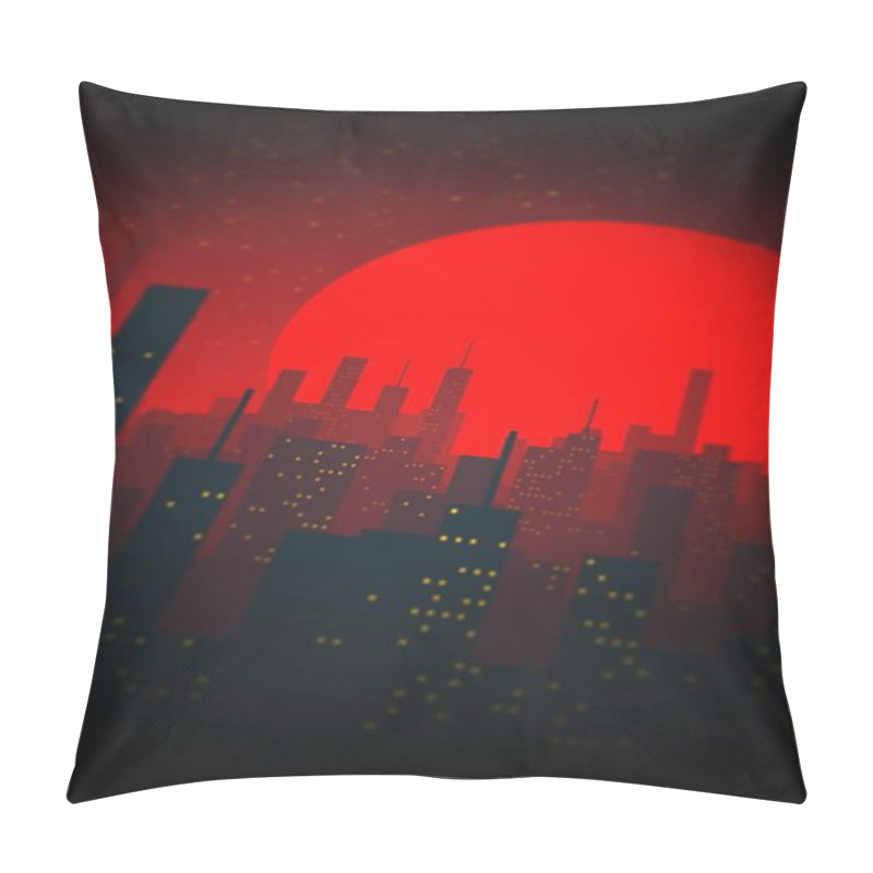 Personality  Pattern And Design Inspired By City Skyscrapers In Silhouette Against A Vivid Red Moon Pillow Covers