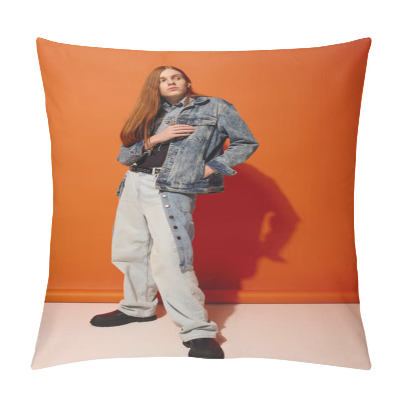 Personality  A Young Man In Denim With Long Red Hair Poses Expressively By An Orange Wall. Pillow Covers