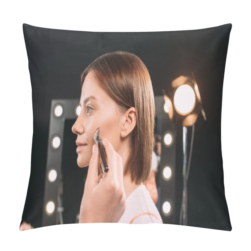 Personality  Makeup Artist Holding Cosmetic Brush Near Face Of Beautiful Model In Photo Studio  Pillow Covers