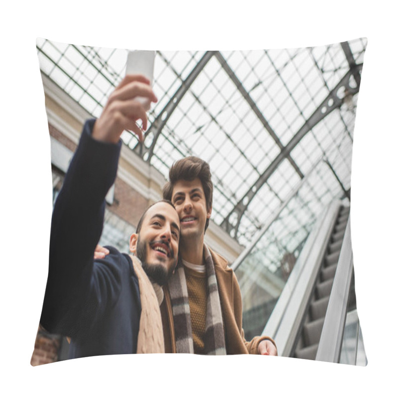 Personality  Bearded Gay Man Taking Selfie With Young Boyfriend In Plaid Scarf On Escalator Pillow Covers