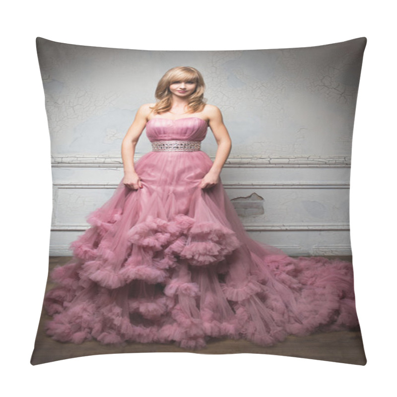 Personality  Portrait Of Young Beautiful Girl In Long Pink Dress In White Room Pillow Covers