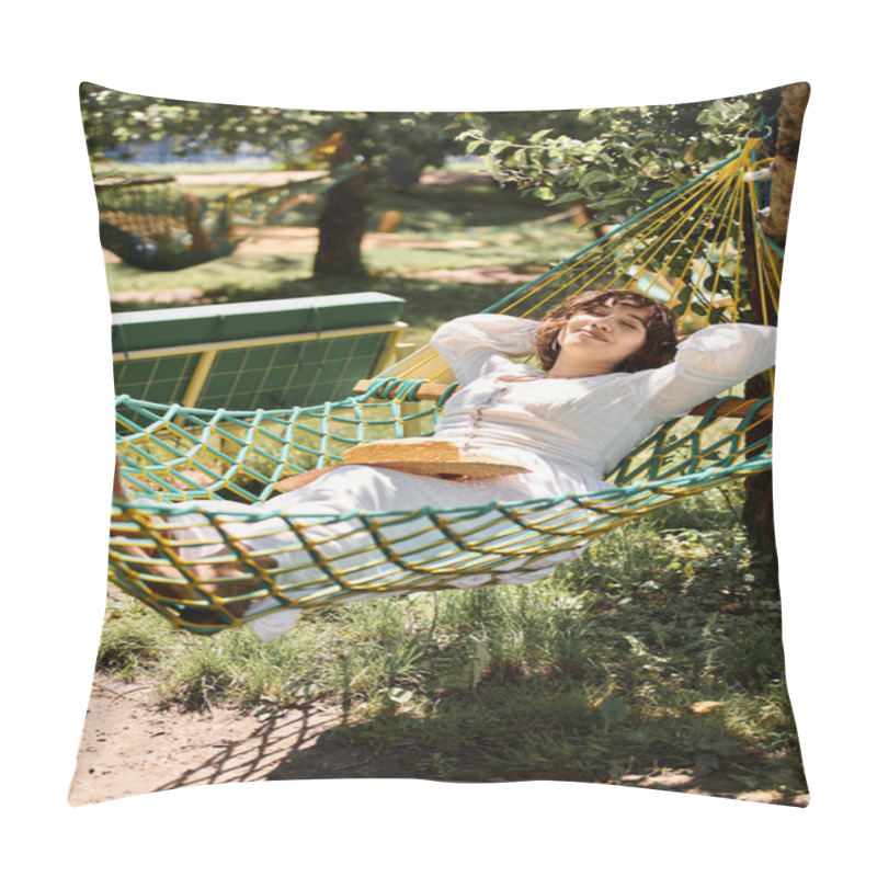 Personality  A Young Woman In A White Dress Relaxes In A Hammock, Enjoying The Summer Sun In A Lush Garden. Pillow Covers