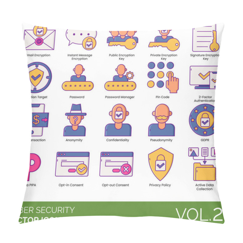 Personality  Cyber Security Icons Including Email Encryption, Instant Message, Public Key, Private, Signature, Protection Target, Password Manager, Pin Code, 2 Factor Authentication, Secure Transaction, Anonymity, Confidentiality, Pseudonymity, GDPR, Alberta PIPA Pillow Covers