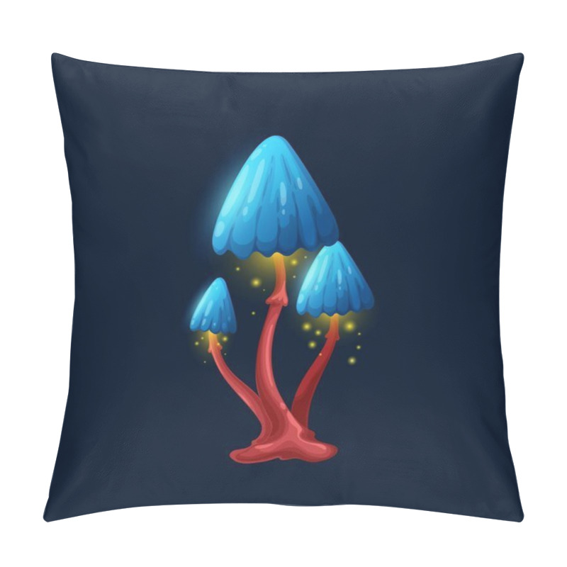 Personality  Fantasy Magic Mushroom With Umbrella Cap, Fairy Toxic Toadstool, Vector Cartoon Icon. Luminous Fairy Tale Mushroom Amanita With Acid Or Neon Blue Caps And Poisonous Golden Spores Or Liquid Drips Pillow Covers